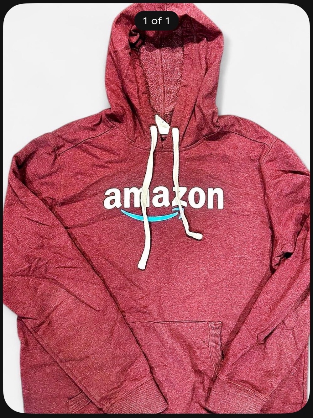 Amazon Heather Burgundy Hoodie with White Drawstrings and Blue Smile